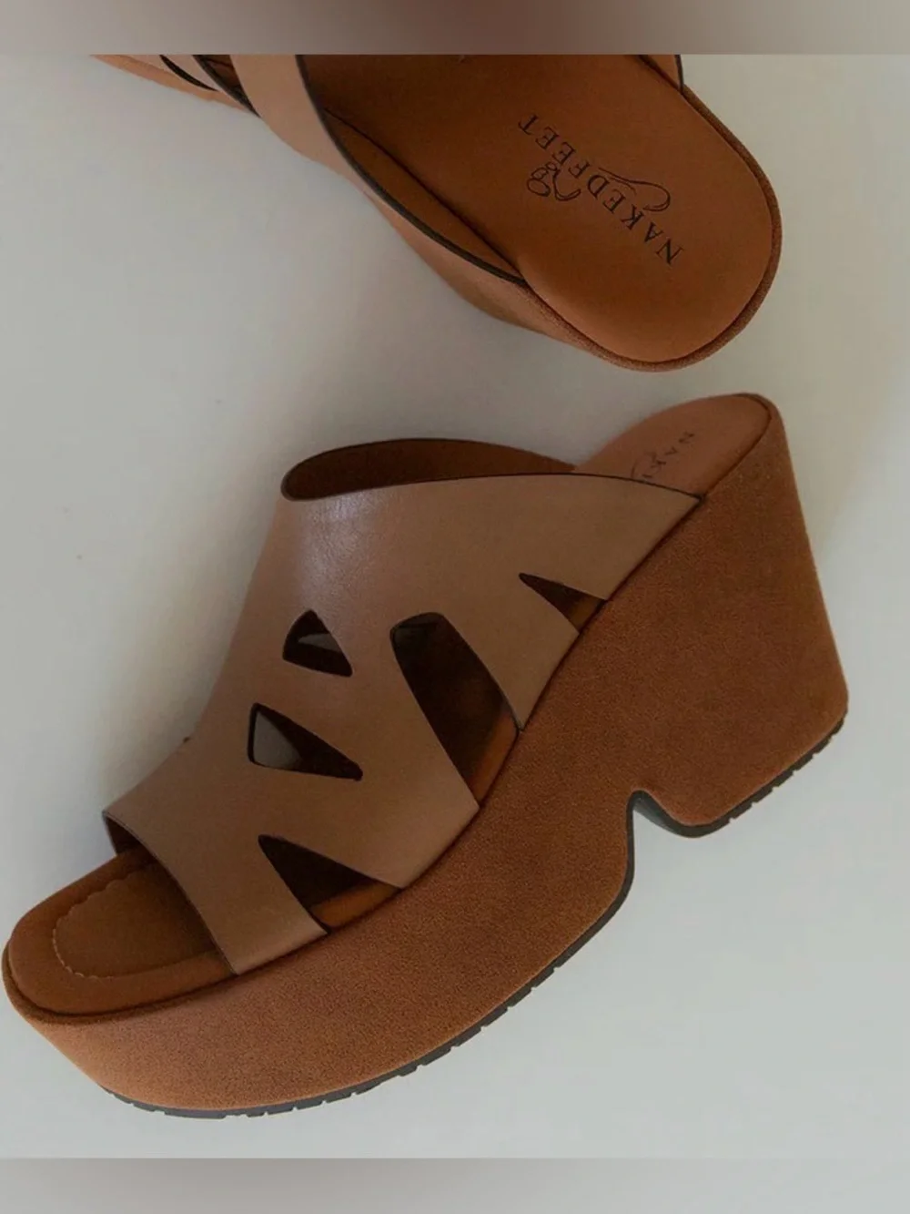 Naked Feet Cognac Cutout Platform Slide